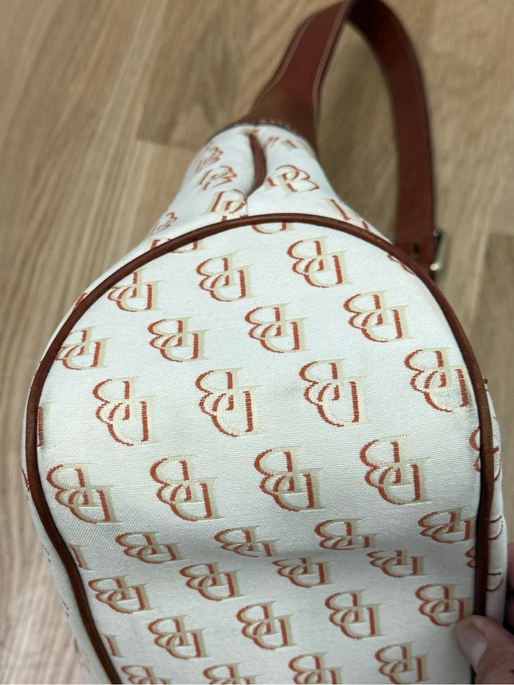 Dooney & Bourke Cream/Brown Signature Logo Lock Canvas Hobo Shoulder Bag